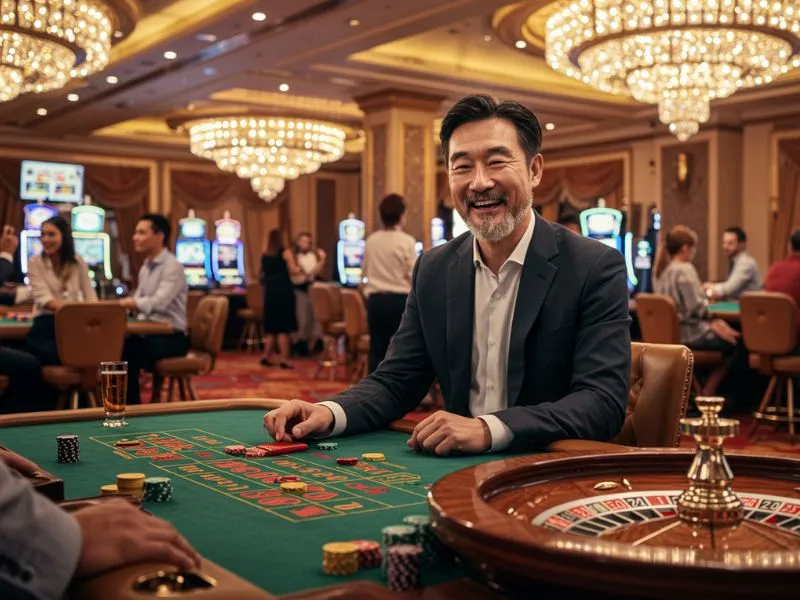 Old man enjoying poker game after successful 9YC Casino Login PH experience.