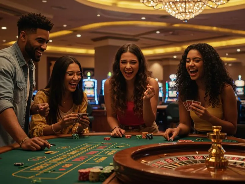 Friends cheering while playing at Bwin Online Casino Philippines, enjoying exciting games and big wins.