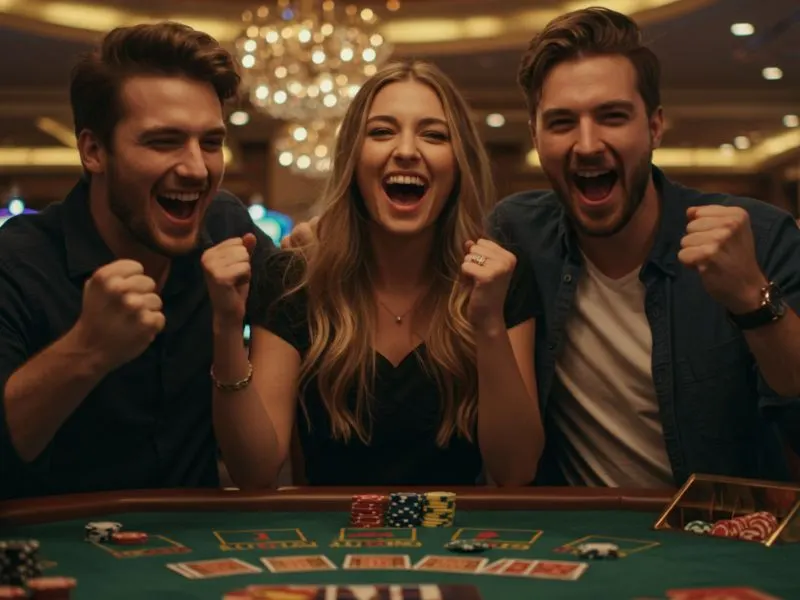 casino dealer salary ph – magkakaibigang masayang nagdiriwang sa casino table.