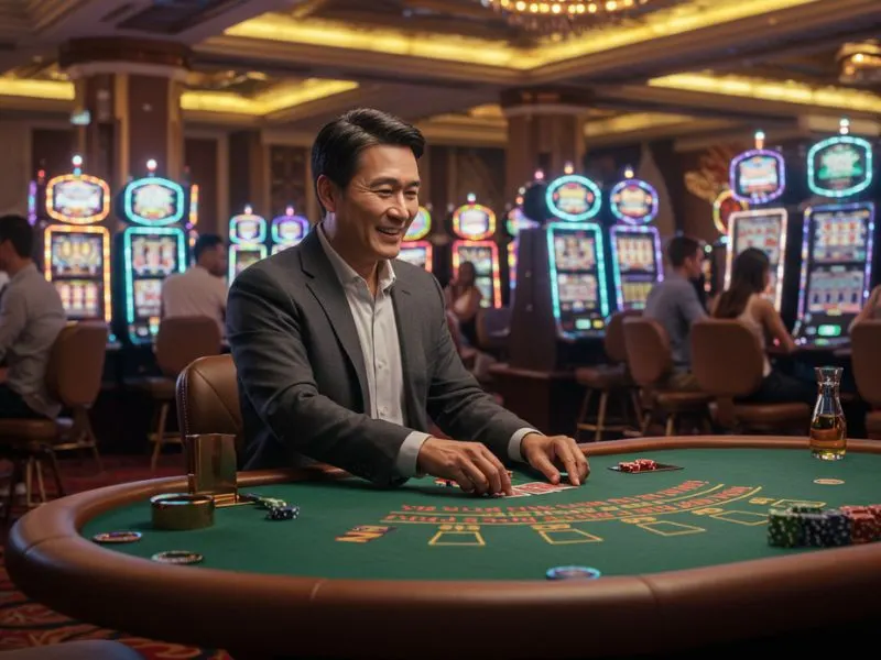 casino dealer salary ph – lalaking naglalaro ng poker sa casino table.