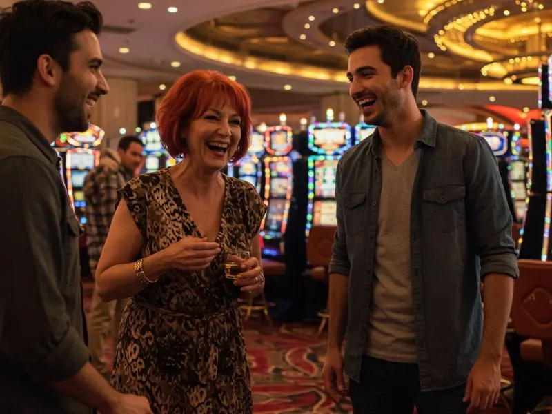 casino dealer salary ph – masayang matandang babae na umiinom sa casino setting.