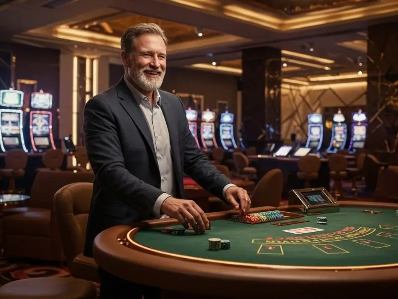 Smiling elderly man celebrating big poker wins at a free 100 register casino PH