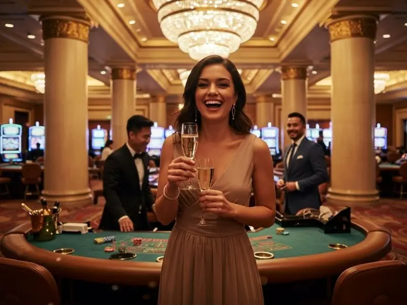 Smiling woman enjoying casino drinks while relaxing in a free 100 register casino PH setting