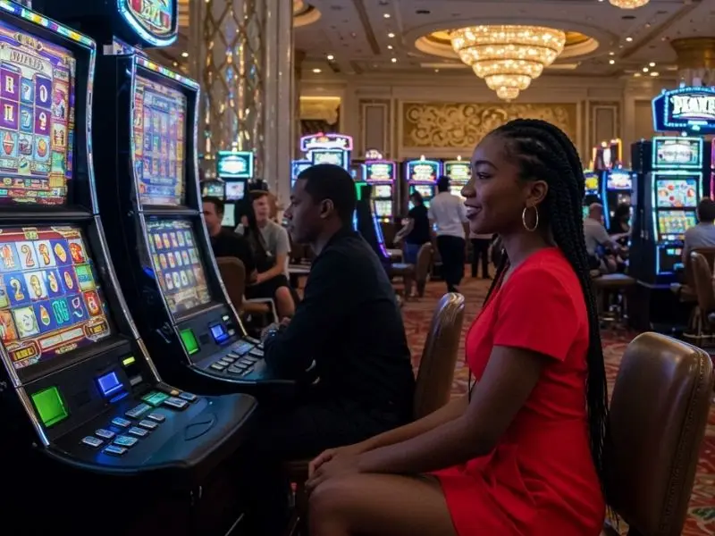 Two women happily playing a slot machine, enjoying the free 100 register casino PH bonus