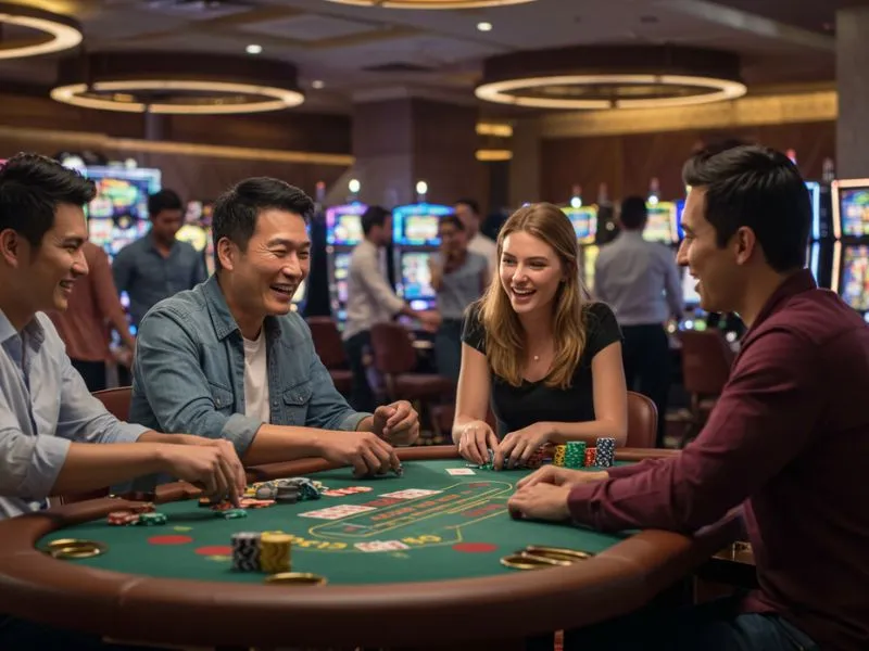 grab ph casino – magkakaibigang naglalaro ng poker sa casino table.