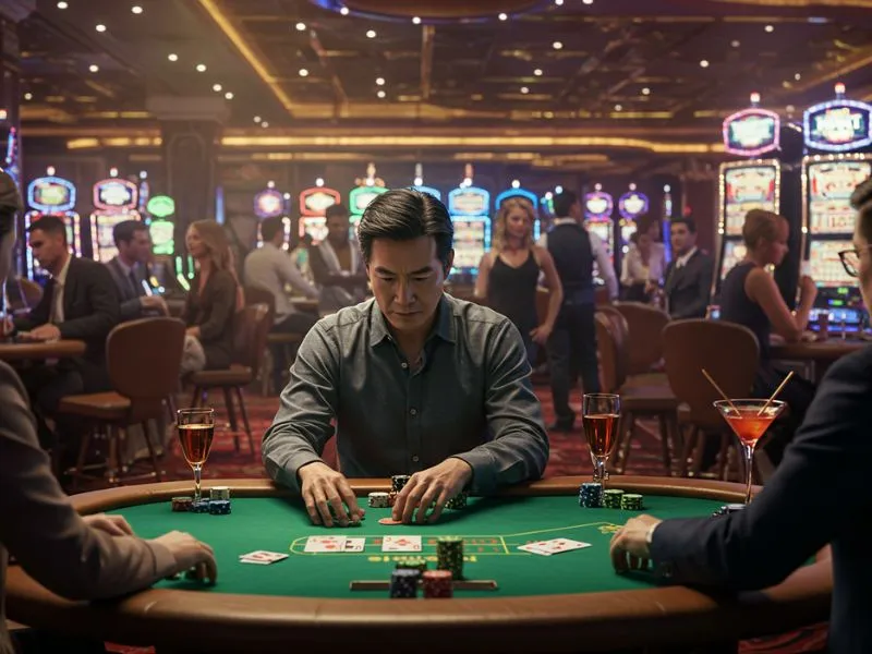 grab ph casino – lalaki na seryosong naglalaro ng poker sa casino table.