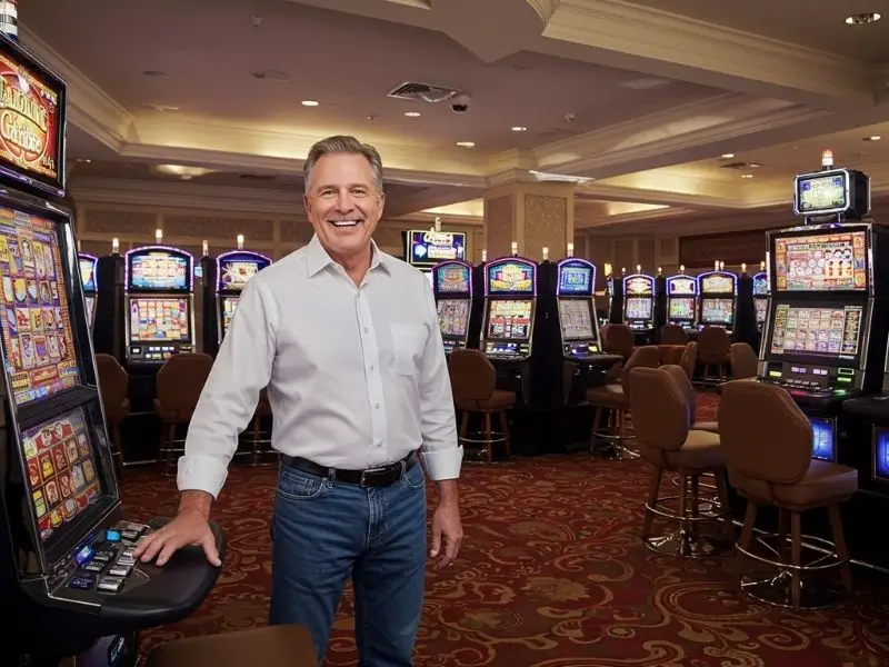 Confident man posing in front of slot machines at Jolly PH Casino