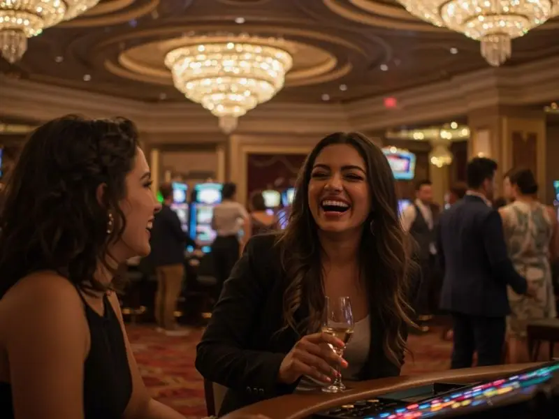 Two ladies enjoying the vibrant and lively ambiance of Jolly PH Casino