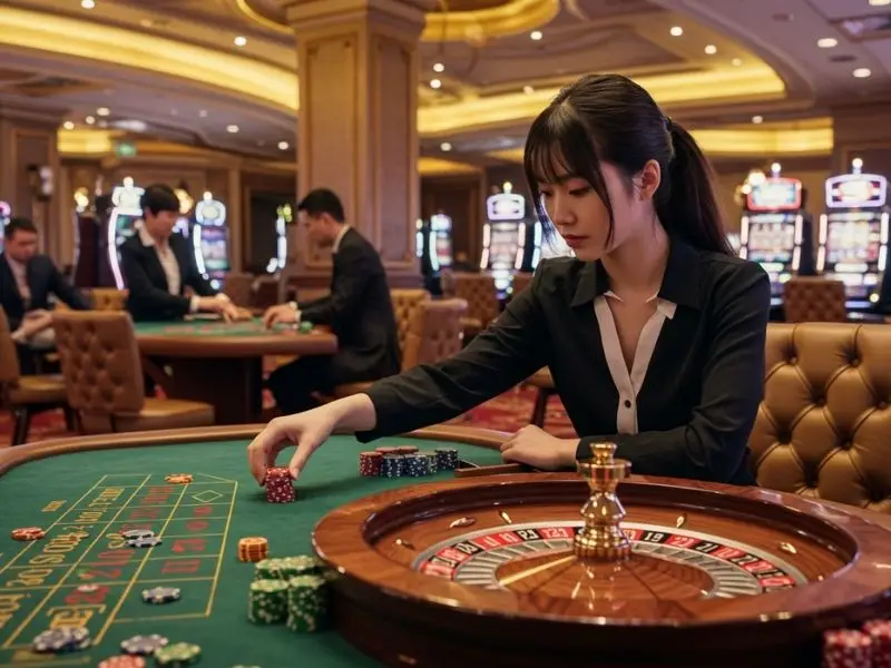 Focused woman calculating her poker bet at a table in Jolly PH Casino