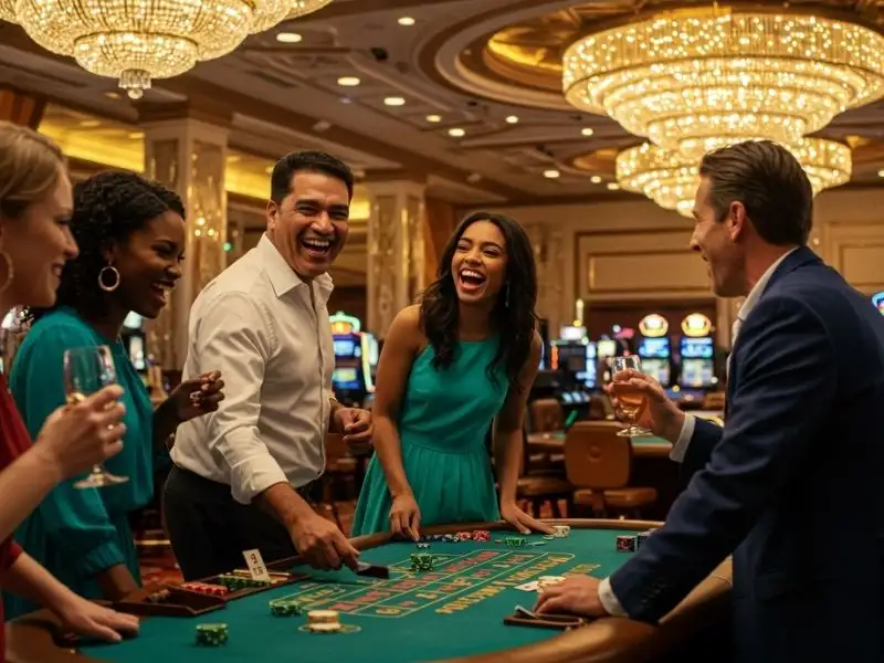 Friends laughing and playing poker together at Nice PH Casino