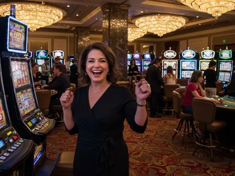 Happy woman posing by slot machines at Nice PH Casino