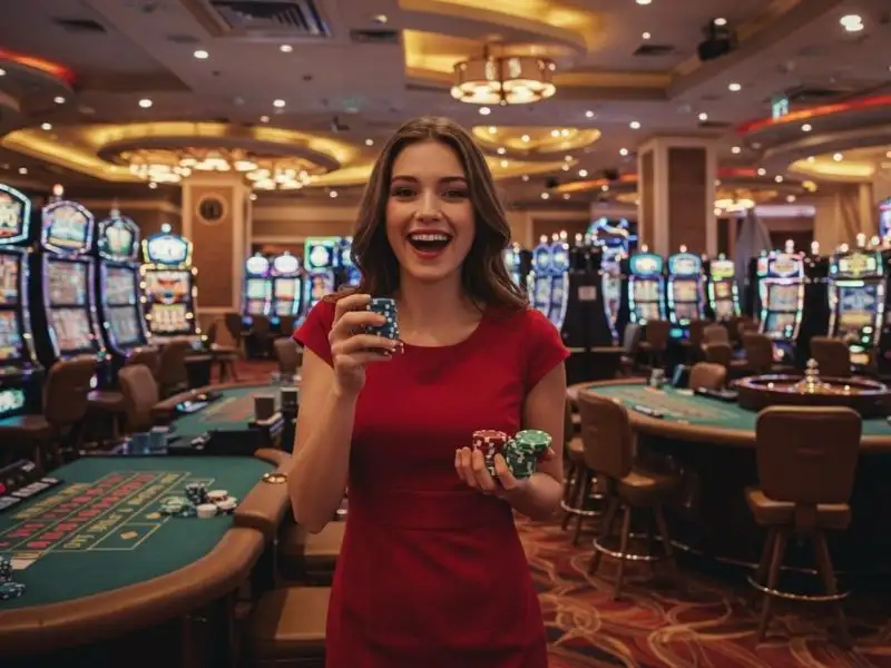 Young lady holding chips happily at a busy nice PH casino crowd