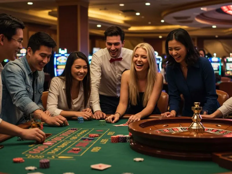 Group of players having fun at a roulette table using Online Casino PayPal Philippines for safe and convenient betting transactions.