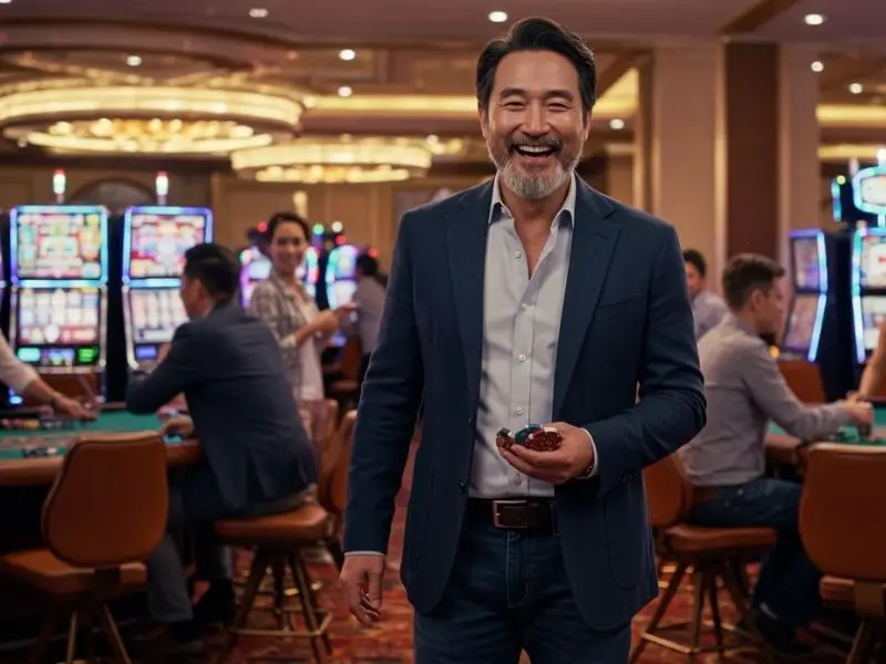Senior man smiling while holding casino chips after a small win on ph 646 casino login platform
