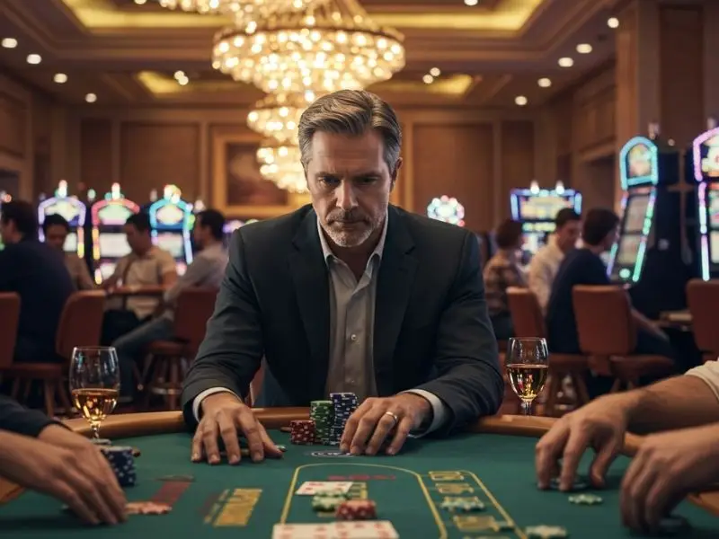 Serious older man playing poker at a table, representing ph 646 casino login experience