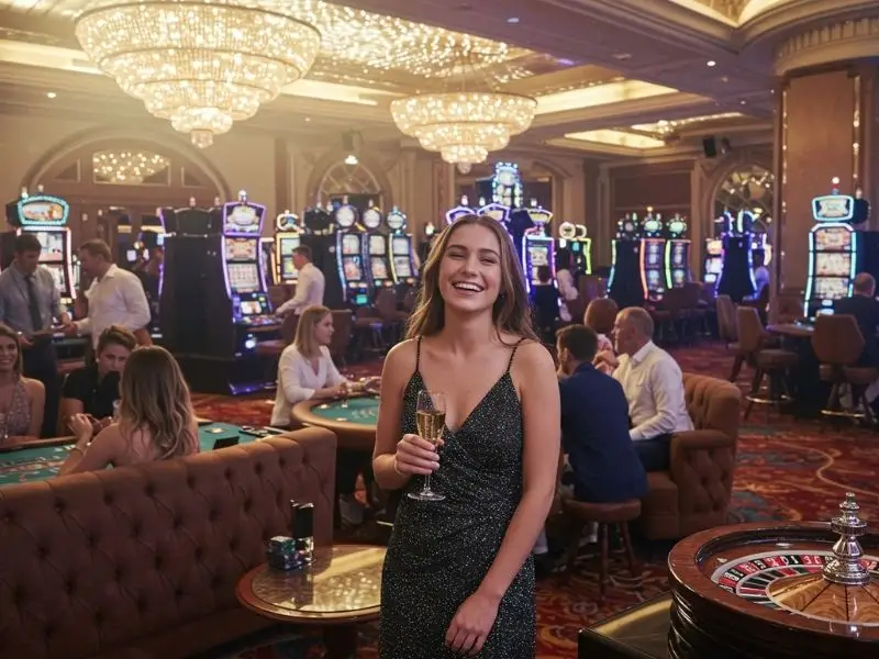 Woman enjoying the lively atmosphere while holding drinks in a casino crowd after ph 646 casino login