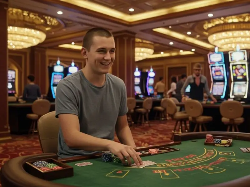 Smiling man playing poker at a casino table, representing the thrill of PH Cash Casino login experience