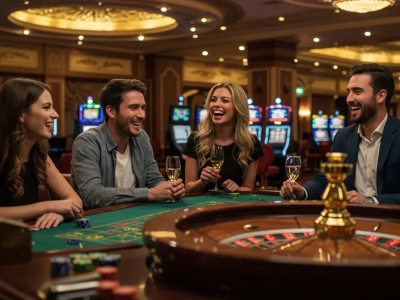 Friends enjoying games at PH City Casino while drinking together.