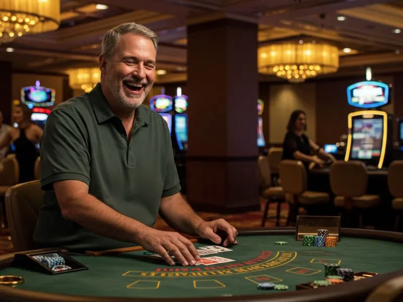 Man laughing while playing poker at PH City Casino portal.