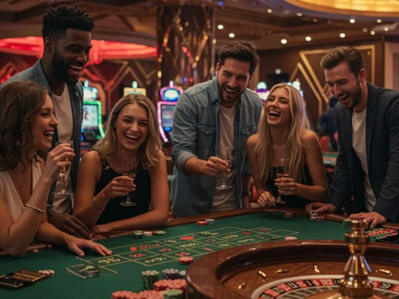 Friends enjoying drinks while playing at PH Love Casino online platform.

