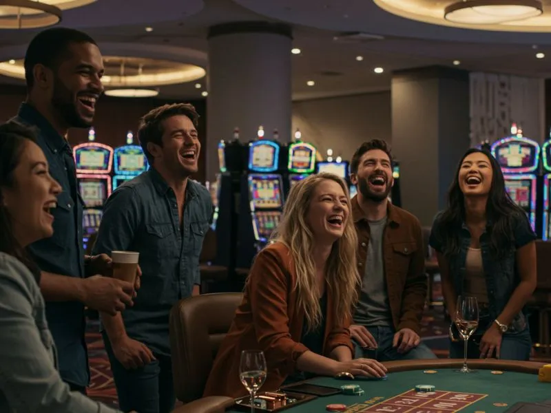 Friends laughing and enjoying games together at PH Love Casino online portal.
