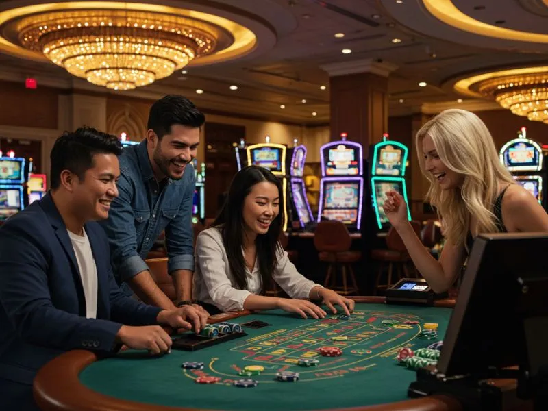 Friends playing and cheering together at PH Love Casino online gaming portal.
