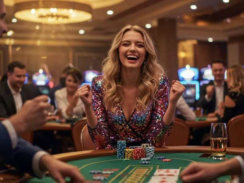 Happy woman celebrating a big win after PH3333 PH Casino login in an online game.