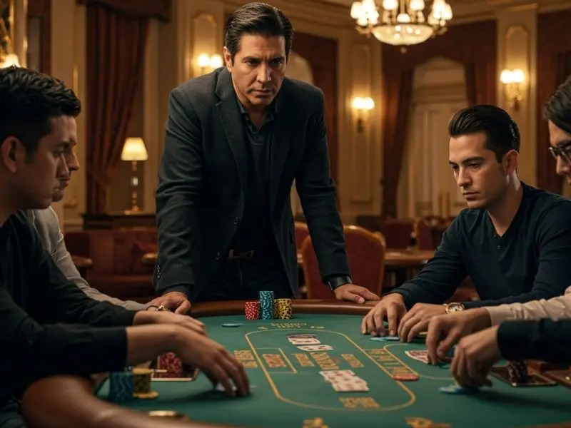 Focused man playing poker with friends at a playtime.ph casino table