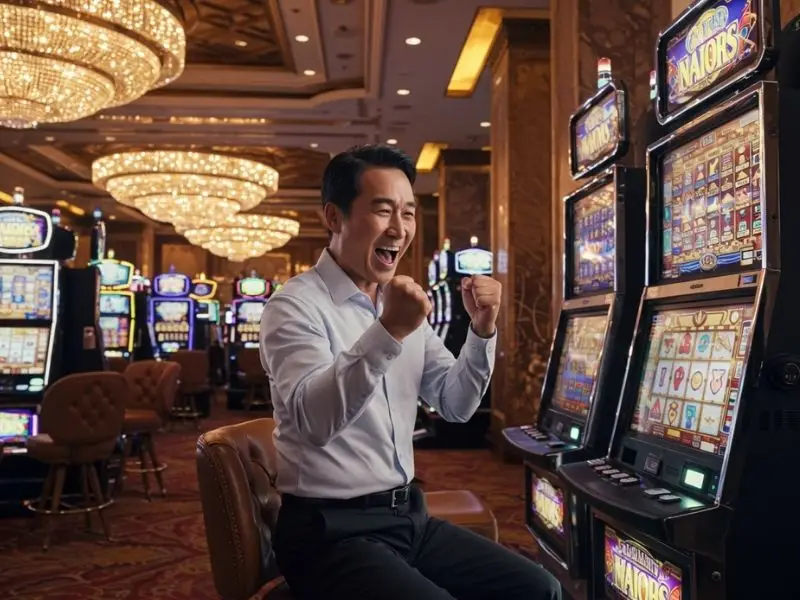 Excited man celebrating a big win on a slot machine at playtime.ph casino