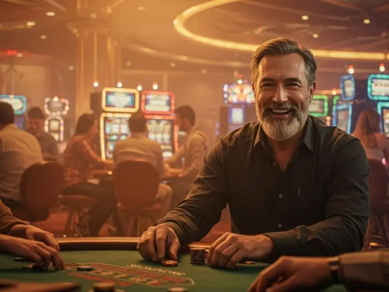 Happy man playing poker at playtime.ph casino table