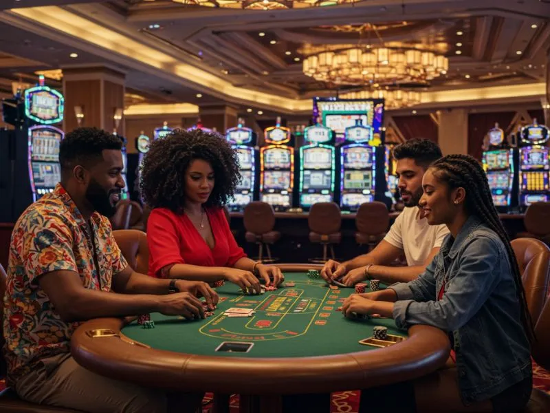 Magkasintahang naglalaro ng poker table gamit ang plush ph casino para sa masayang at strategic na gaming experience.