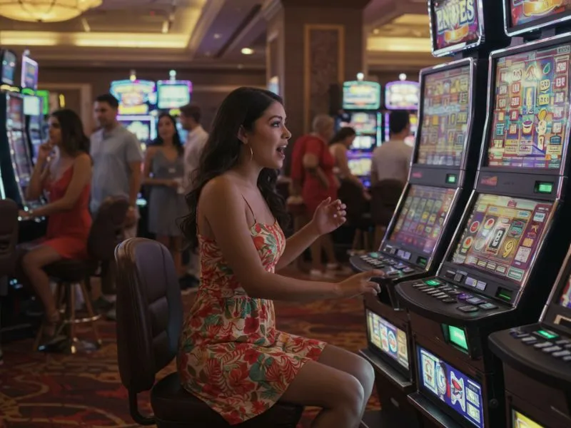 Babaeng naglalaro mag-isa sa slot machine gamit ang plush ph casino para sa masayang online gaming experience.