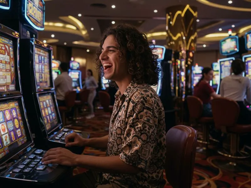 Lalaki na masayang nagtatawa habang naglalaro online gamit ang plush ph casino para sa exciting at rewarding na karanasan.