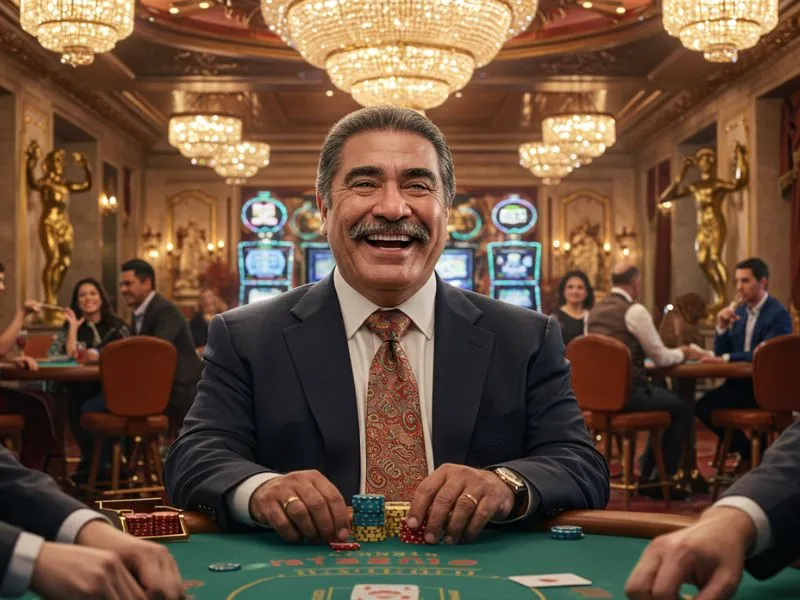 Man celebrating big win after successful Q253 PH Casino Login portal access.