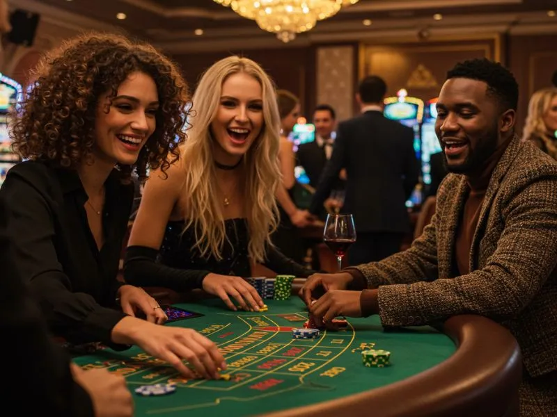 Friends playing and laughing while enjoying the S5 Casino Free 100 bonus in an online casino setting.