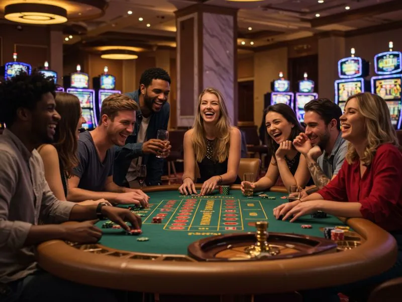 Group of friends laughing and playing online games using the S5 Casino Free 100 promo in a fun and lively setting.