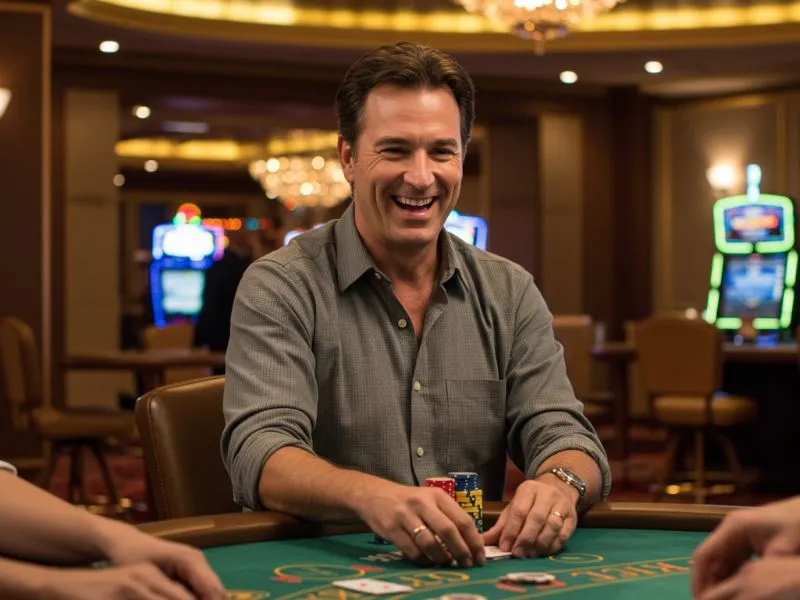 Man laughing while playing poker at S5 Casino Free 100 bonus promotion in the Philippines.