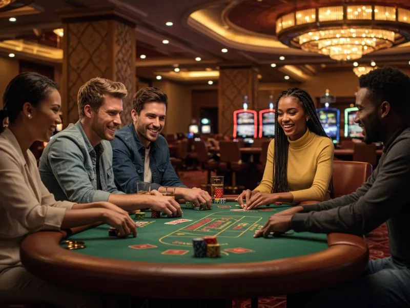 Magkakaibigang naglalaro ng poker table gamit ang solo ph casino para sa masayang at strategic na gaming experience.