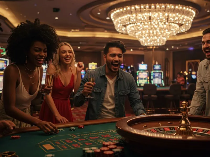 Friends celebrating a big roulette win at spin.ph com casino online platform