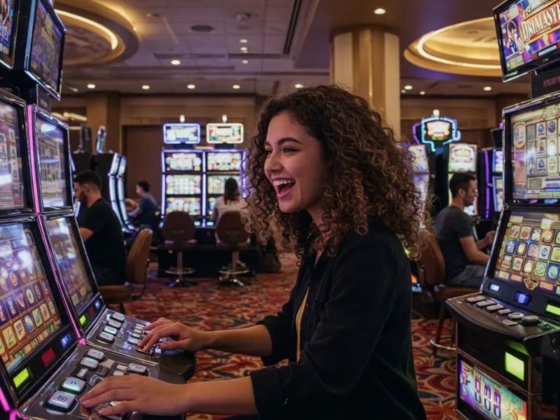 Babaeng kulot ang buhok na masayang naglalaro online gamit ang windream ph casino para sa exciting at rewarding na gaming session.