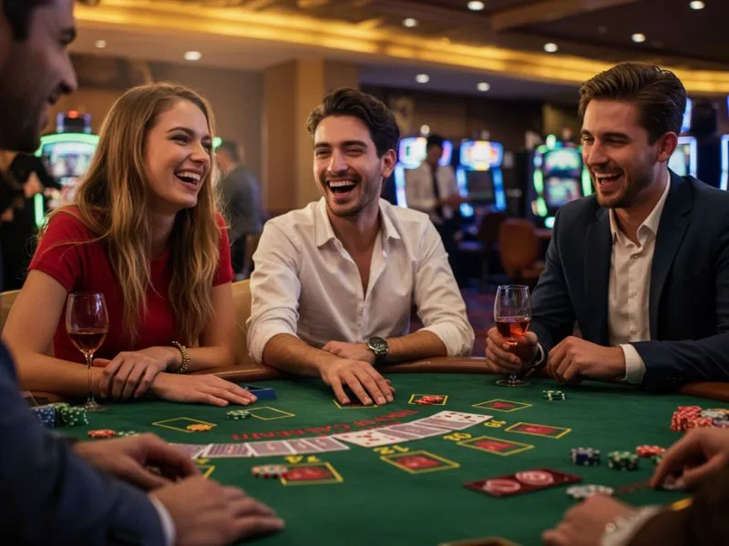Group of friends laughing and playing together at Winhq.ph casino, highlighting joyful online gaming experience.
