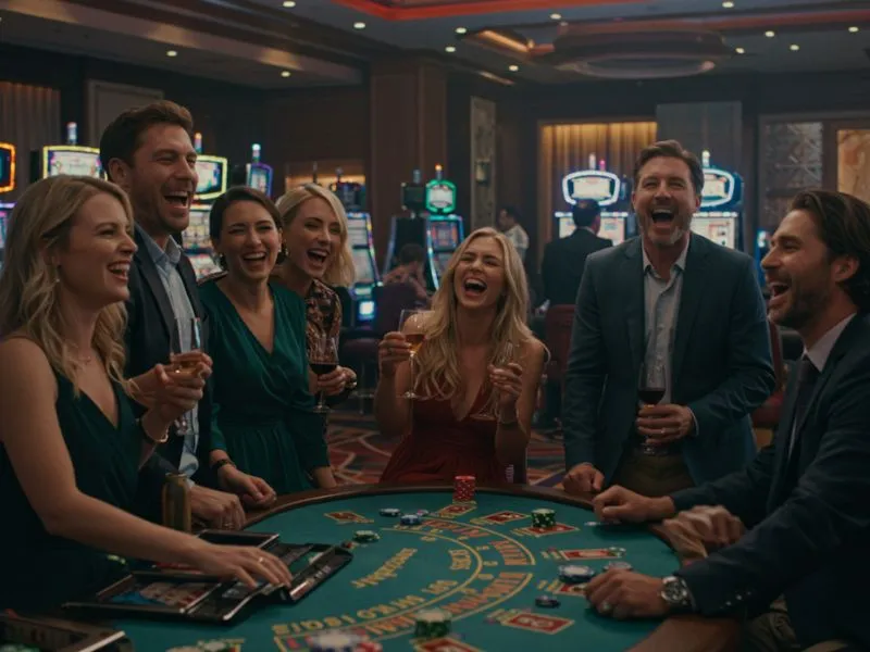 Group of friends happily playing poker together at Winhq.ph casino, showcasing fun and excitement.