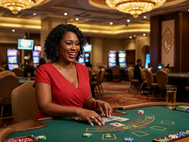 Smiling woman happily playing games at Winhq.ph casino, enjoying a thrilling online gaming experience.