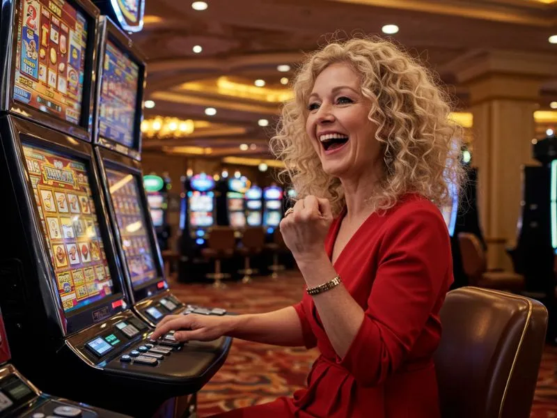 Excited woman winning slot games at Winhq.ph casino, showing happiness and success in online gaming.