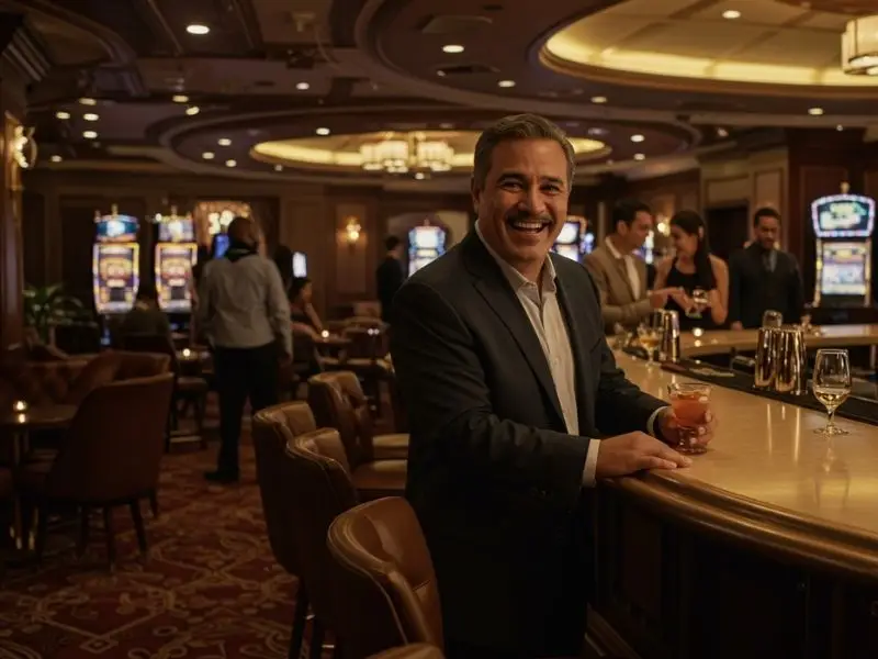 Happy man relaxing with a drink at a bar inside Wow PH Casino