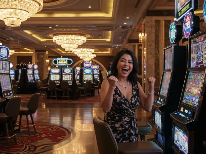 Smiling woman playing slot machine games at Wow PH Casino