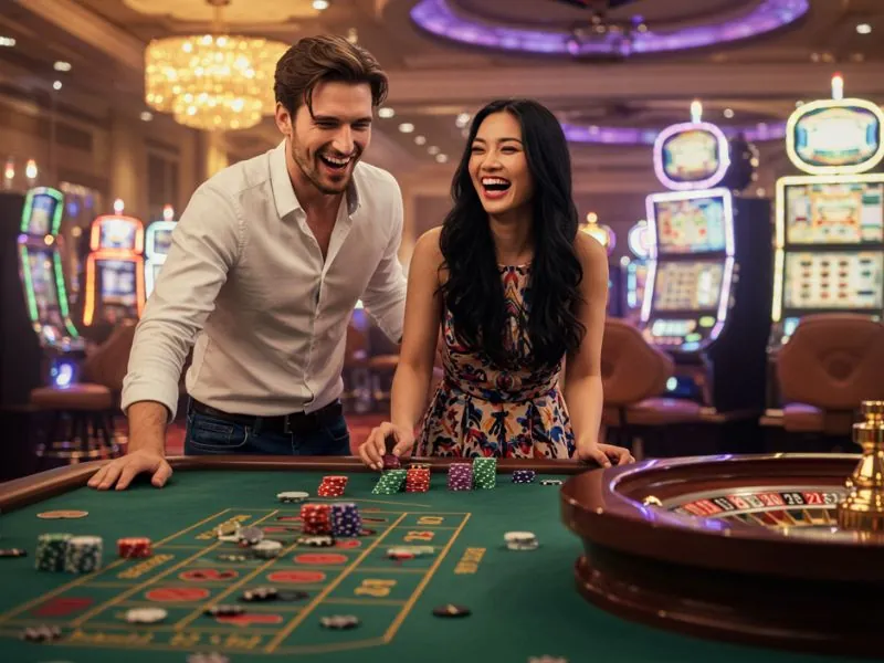 Newly married couple happily playing together after successful 1Plus Casino Login experience.