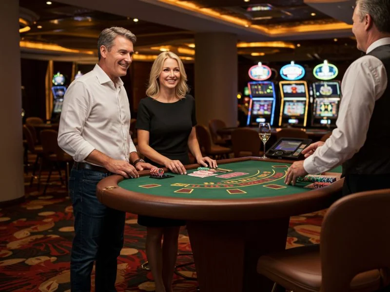 Happy couple enjoying online gaming after successful 1Plus Casino Login experience.