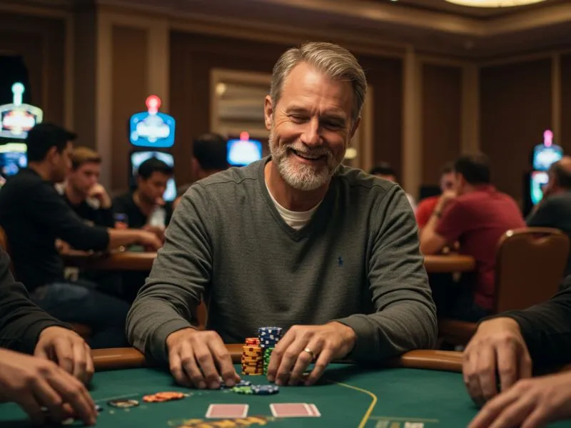 Smiling old man enjoying casino chips after successful ayalabet login
