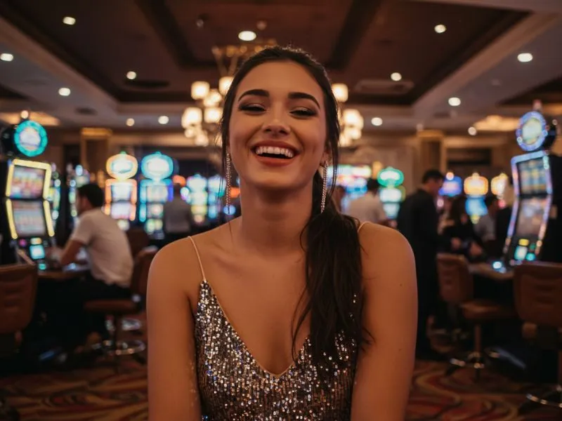 Smiling young lady at a casino crowd enjoying the excitement after successful ayalabet login